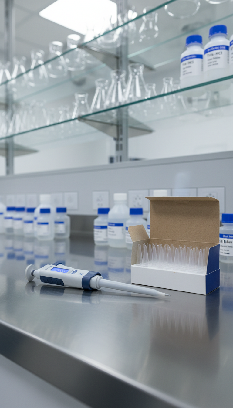 A high-resolution photographic depiction of a precision-calibrated pipette resting on a pristine, reflective stainless steel laboratory bench, alongside an open box of sterile, transparent pipette tips. The laboratory background is out of focus, hinting at the methodical arrangement of glass beakers and labeled reagent bottles on immaculate shelving, all in cool, neutral colors. Clean, bright artificial lighting from diffused ceiling fixtures illuminates the scene, providing even coverage without harsh glare and creating delicate reflections. Captured at a low, angled perspective, the pipette and bench are in sharp focus, creating a crisp, professional visual impact. The composition is minimally styled and structured, accentuating the reliability and accuracy associated with modern molecular biology techniques, and carries a corporate aesthetic suited for an instructional science blog.
